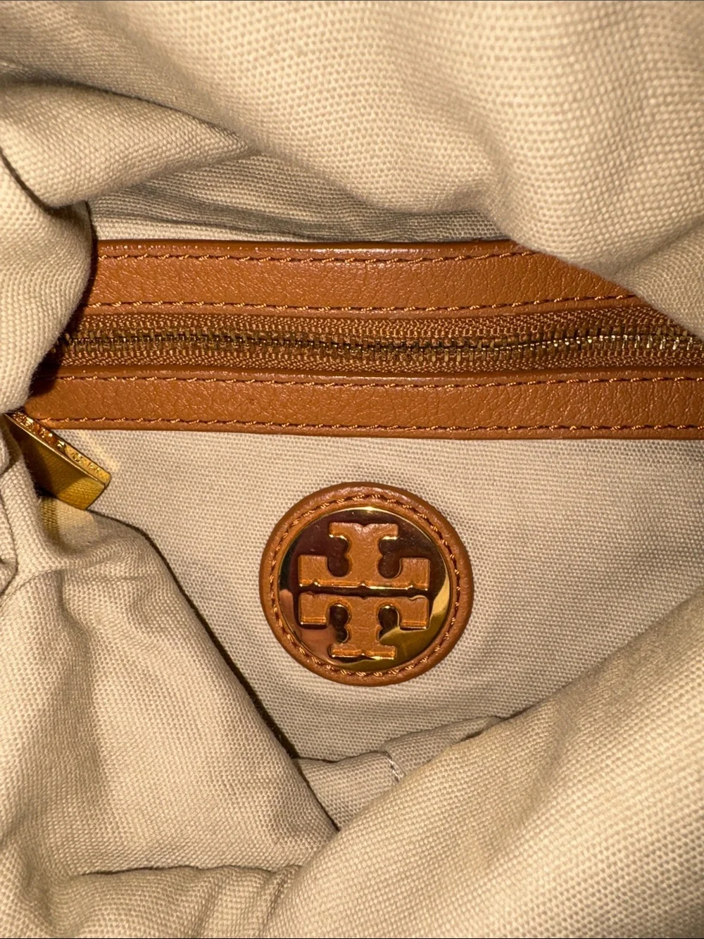 Tory Burch Cognac Pebbled Leather Fold-Over Clutch with Logo